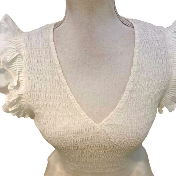 Sea NY white flutter sleeve cotton mini dress tiered skirt smocked bodice sz 4 - Picture 6 of 12